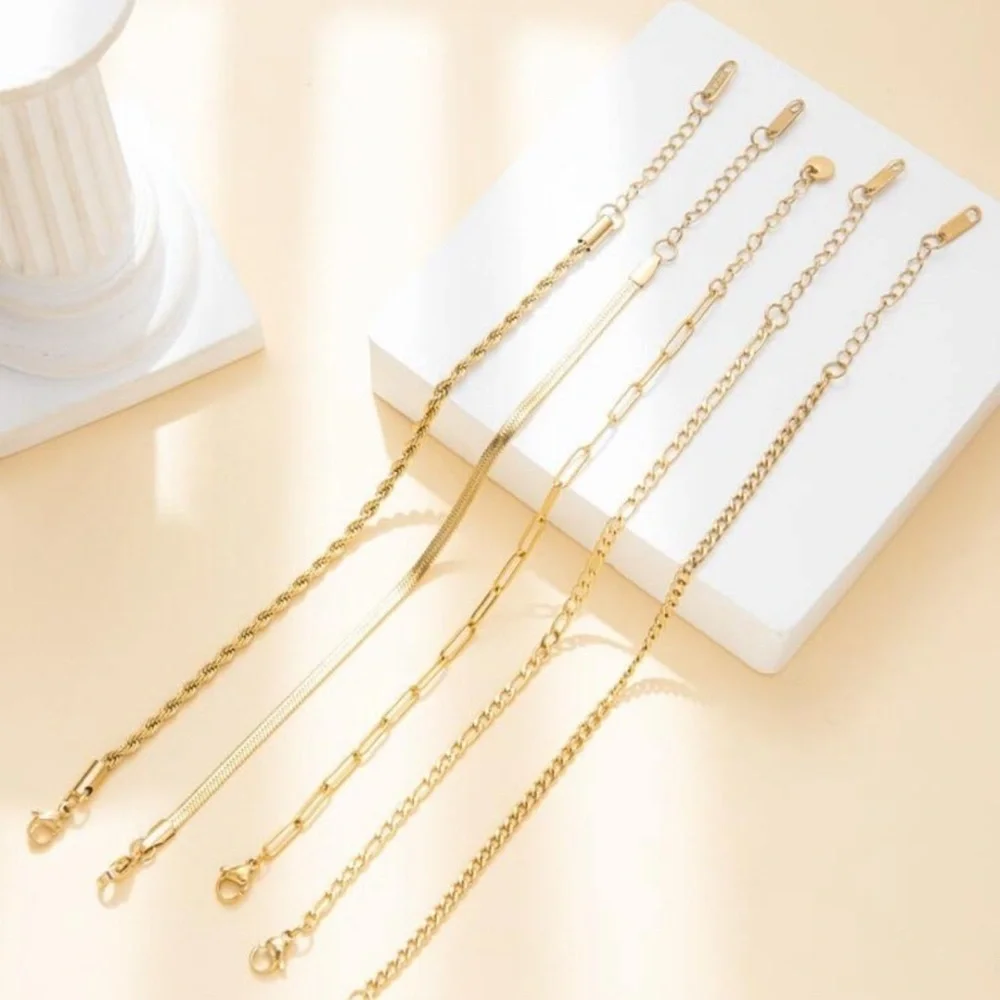 Gold Plated Stainless Steel 5PC Chain Bracelet Stack Layered Set